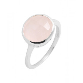 Bague en Argent 925 et Quartz Rose. Pierre ronde taille dome de 12mm de diamètre. Serti Clos. 