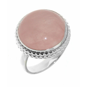 Bague Argent 925 Quartz Rose sertie d'une pierre ronde taille cabochon de 15 mm de diamètre. 