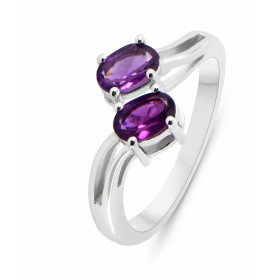Bague Argent Rhodié 2 Améthystes ovales 6x4mm Bague sertie deux pierres ovales 6x4mm Pierres serties à griffes Largeur bag...