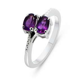 Bague Argent Rhodié 2 Améthystes ovales 6x4mm Bague sertie deux pierres ovales 6x4mm Pierres serties à griffes Largeur bag...