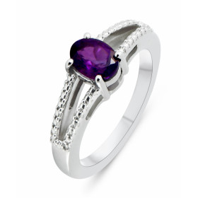 Bague Argent Rhodié Améthyste Ovale 7x5mm Bague sertie d une pierre ovale 7x5mm Corps motifs perlés Pierre sertie à griffe...