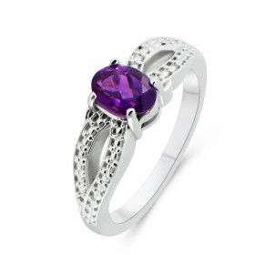 Bague Argent Rhodié Améthyste Ovale 7x5mm Bague sertie d une pierre ovale 7x5mm Corps motifs perlés Pierre sertie à griffe...