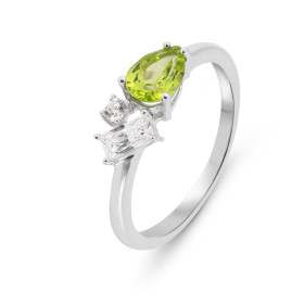 Bague Argent Rhodié 925 composé d un péridot forme poire 5x7mm, un oxyde zirconium rectangulaire 2,5x5mm un oxyde 2mm diam...