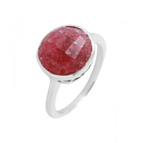 Bague en Argent 925 et Rhodonite. Pierre ronde taille dome de 12mm de diamètre. Serti Clos