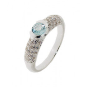 Bague Argent 925 Topaze bleue Traitée Pierre centrale 5 mm diamètre Pavage d oxydes zirconium sur les cotés Largeur sur do...
