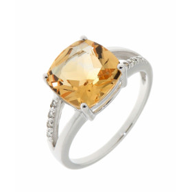 Bague Citrine Coussin 10mm et Diamant Or Blanc 375