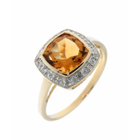 Bague Citrine et Diamant en Or 375 2tons. Citrine taille coussin de 8x8mm. La pierre centrale est serti clos. L&#39;entour...