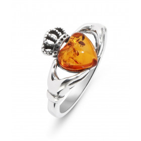 Bague Claddagh Argent Ambre Ambre coeur 7x7mm Ambre couleur cognac La bague Claddagh représente l amitié (les mains), l am...