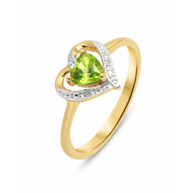 Bague Coeur Or jaune 375 Péridot et Diamant. Monture en forme de coeur en Or 375 (Or 9 carats). Pierre centrale taille coe...