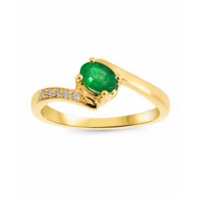  Bague Or Jaune 750 sertie d une Emeraude ovale 6x4 mm (0,37 carat) 5 diamants 1,2mm diamètre pour un poids total 0,045 ca...