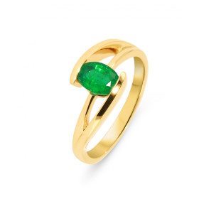 Bague De Fiançailles Solitaire En Or Jaune 585 Avec Une Vraie émeraude Verte Du Zambie (1,20 Ct) - Taille Adjustable