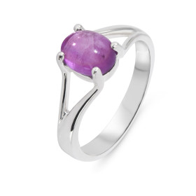 Bague Argent 925 Améthyste Pierre ovale taille cabochon 8x6mm Serti à griffes