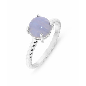 Bague Argent 925 rhodié Calcédoine bleue Pierre ronde taille cabochon 8mm diamètre Serti 4 griffes Corps fil torsadée