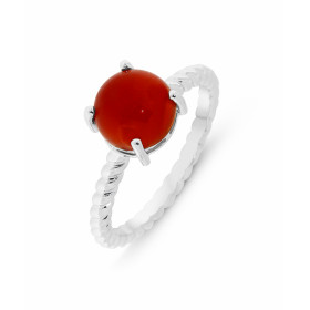 Bague Argent 925 rhodié Cornaline Pierre ronde taille cabochon 8mm diamètre Serti 4 griffes Corps fil torsadée