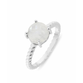 Bague Argent 925 rhodié Labradorite Labradorite ronde taille cabochon 8mm diamètre Serti 4 griffes Corps fil torsadée