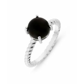 Bague Argent 925 rhodié Onyx Pierre ronde taille cabochon 8mm diamètre Serti 4 griffes Corps fil torsadée