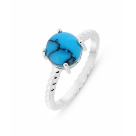 Bague Argent 925 rhodié pierre imitation turquoise Pierre ronde taille cabochon 8mm diamètre Serti 4 griffes Corps fil tor...