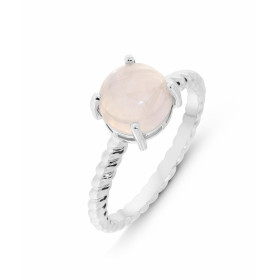 Bague Argent 925 rhodié Quartz Rose Pierre ronde taille cabochon 8mm diamètre Serti 4 griffes Corps fil torsadée