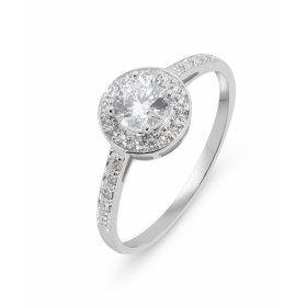  Bague or blanc 375 oxyde zirconium Pierre centrale ronde 5mm diamètre sertie à griffes Entourage composé 24 pierres 1mm s...