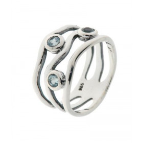 Bague Argent 925 Topaze bleue , monture ouvragée style ethnique sertie 3 pierres 3mm 