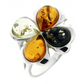 Bague Fleur Ambre Multicolore sur Argent 925 Jolie bague Argent 925 Ambre multicolore (couleurs : vert, miel cognac) Caboc...