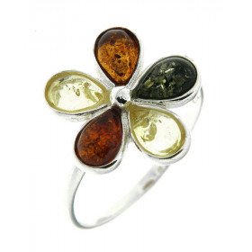 Bague Fleur Argent Ambre Multicolore