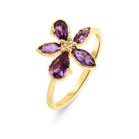 Bague Fleur Or Jaune 375 Améthyste Diamant Motif fleur composé pierres formes navettes poires d un diamant son centre Larg...