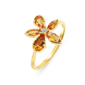 Bague Fleur Or Jaune 375 Citrine Diamant Motif fleur composé pierres formes navettes poires d un diamant son centre Largeu...