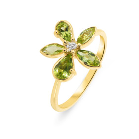 Bague Fleur Or Jaune 375 Péridot Diamant Motif fleur composé pierres formes navettes poires d un diamant son centre Largeu...