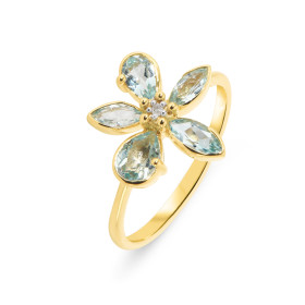 Bague Fleur Or Jaune 375 Topaze bleue traitée Diamant Motif fleur composé pierres formes navettes poires d un diamant son ...