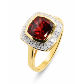 Bague Grenat Diamant Or 375 2tons Grenat taille coussin 8x8mm La pierre centrale est serti clos L entourage est composé 12...
