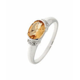 Bague Jonc Or Blanc 375 Citrine Ovale 8x6mm et Diamant 