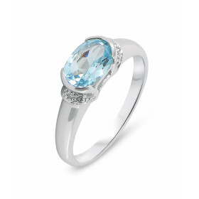 Bague Jonc Or Blanc 375 Topaze bleue traitée Ovale 8x6mm et Diamant