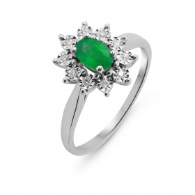 Bague Marguerite Or Blanc 750 Emeraude Diamants Bague Or Blanc 750 composée d une Emeraude ovale 6x4mm 10 diamants 1mm dia...