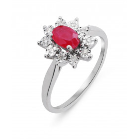 Bague Marguerite Or Blanc 750 Rubis Diamants Bague Or Blanc 750 composée d un Rubis ovale 6x4mm 10 diamants 1mm diamètre L...