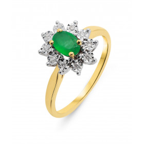 Bague Marguerite Or Jaune 750 Emeraude Diamants Bague Or Jaune 750 composée d une Emeraude ovale 6x4mm 10 diamants 1mm dia...