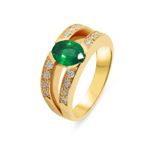  Bague émeraude sur Or Jaune Pierre Ovale 8x6mm (1,1 carat)  Qualité AAA Entourage composé 16 diamants 1,7mm diamètre Larg...