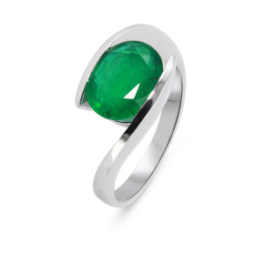 Bague or blanc 750 sertie d une émeraude AAA ovale 10x8mm (2.3 carats) Serti demi clos Monture corps croisé 