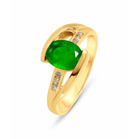  Bague Or Jaune sertie d une Emeraude ovale 8x6 mm 6 diamants 1.4mm diamètre Largeur monture (vue dessus) : 9,6mm Poids Di...