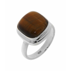 Bague de style moderne sertie d'une pierre taille coussin taillée en cabochon. La pierre de varieté Oeil de tigre mesure 1...