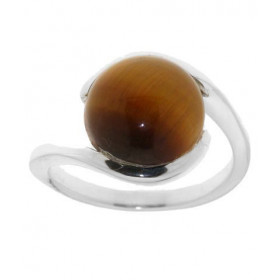 Bague de style moderne sertie d'une pierre ronde. Oeil de Tigre rond taillé en cabochon. La pierre mesure 12mm de diamètre...