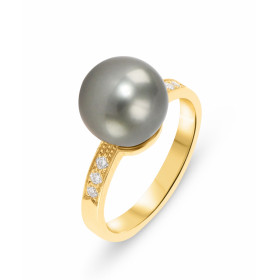 Bague en or jaune 750 serti d&#39;une perle de Tahiti de 10mm et de 6 diamants