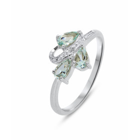 Bague Or blanc 375 Aigue Marine Diamant Monture Or 375 (Or 9 carats) 3 pierres taille poire 5x3mm 3 diamants 1mm