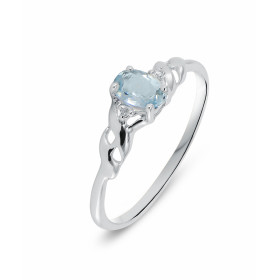 Bague Aigue marine et Diamant en Or Blanc 375. Cette bague en Or 375 est surmontée d&#39;une Aigue Marine sertie par 4 gri...