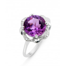 Bague Or Blanc 375 Améthyste 10mm Diamant Améthyste ronde 10mm sertie à griffes Poids Améthyste : 3 carats Entourrage comp...