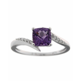 Bague Or Blanc 375 Améthyste Coussin 6x6mm Diamant Améthyste coussin 6x6mm (1 carat) sertie à griffes 10 diamants 1mm diam...