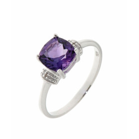 Bague Améthyste Diamant Or Blanc 375 La pierre centrale est une Améthytse taille coussin 7x7mm Elle est maintenue sur cett...