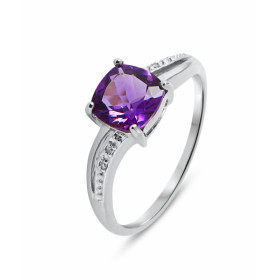 Bague Or blanc 375 Améthyste Coussin 7x7mm Diamant Monture Or 375 (Or 9 carats) Pierre centrale taille coussin 7x7mm (2.35...