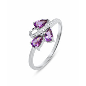Bague Or blanc 375 Améthyste Diamant Monture Or 375 (Or 9 carats) 3 pierres taille poire 5x3mm 3 diamants 1mm 