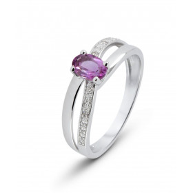 Bague Or Blanc 375 Améthyste Ovale 6x4mm Diamant Bague Or Blanc 375 sertie d une pierre ovale 6x4mm Anneau serti 4 diamant...